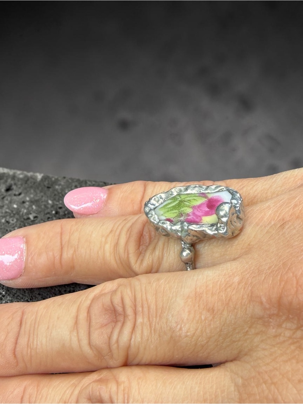 Royal Albert Old Country Roses Broken China Ring - Boho Silver Blend Size 6.5 - Picture 11 of 15